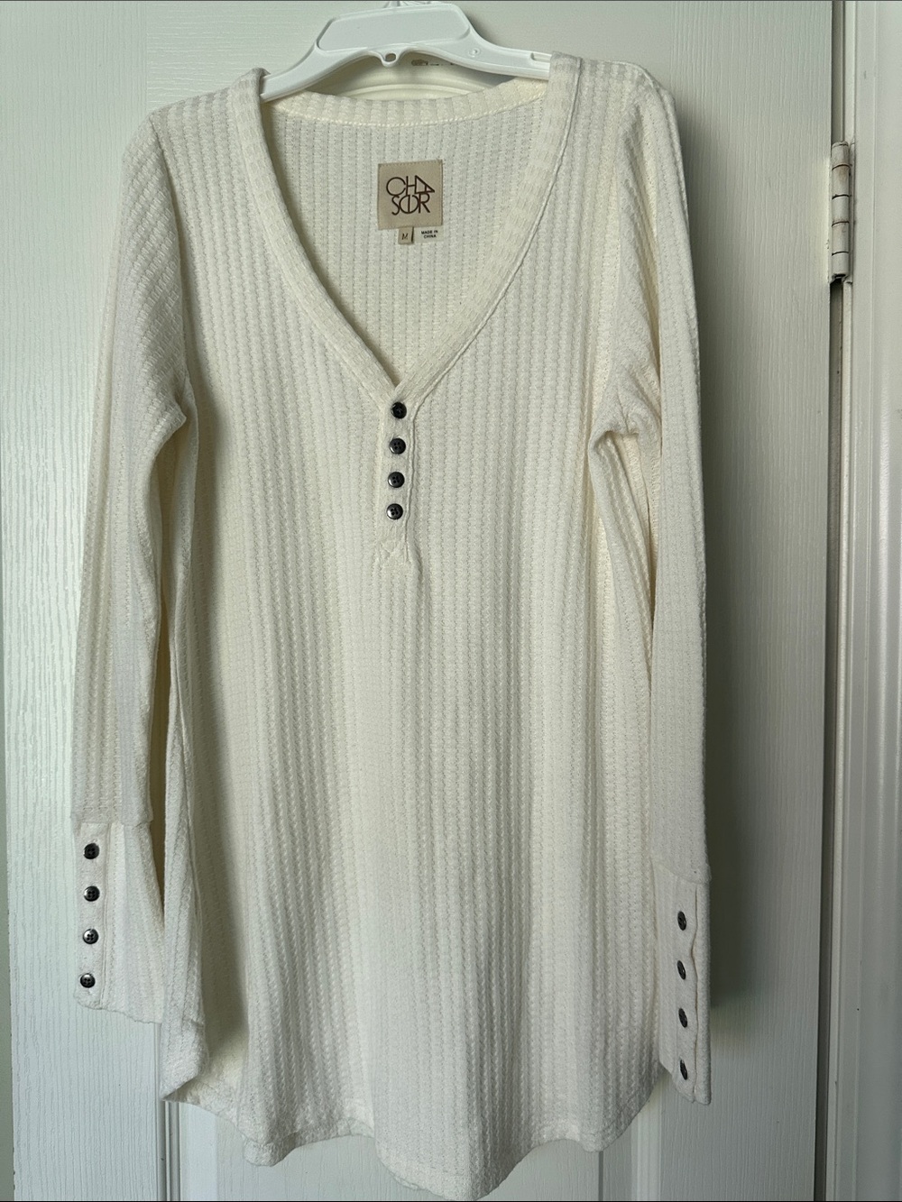 Chaser Cream V-Neck Waffle Knit Henley Sweater